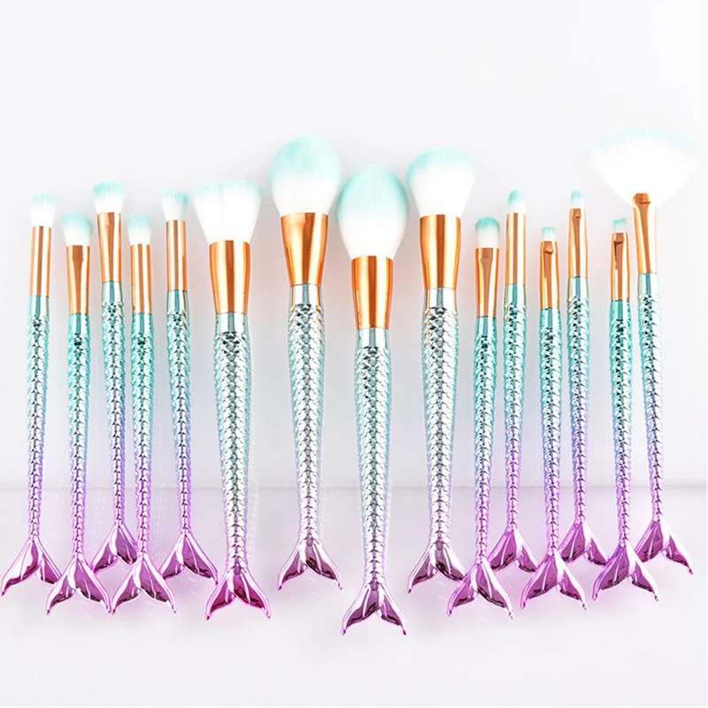 

Pro Mermaid Makeup Brushes Foundation Eyebrow Eyeliner Blush Powder Cosmetic Concealer Professional Fishtail Makeup Brushes Set