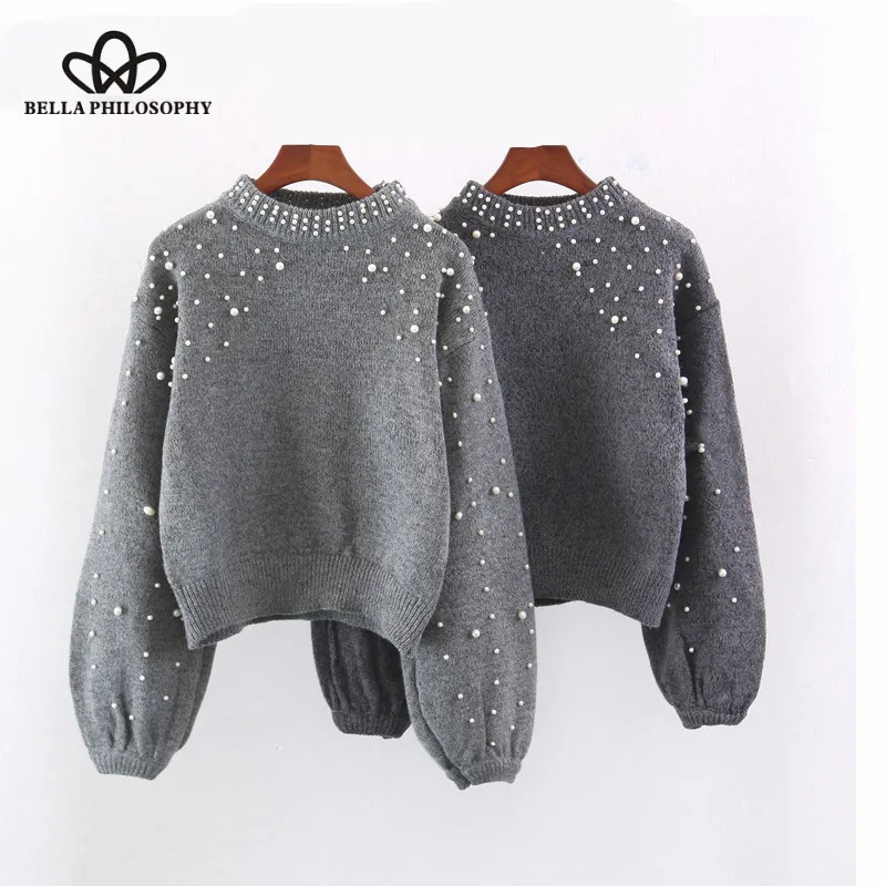 Wonder 2018 Beading Autumn Winter Knitter Sweaters Lantern Sleeve Loose Gray Pullover Female Soft Warm Casual Vintage Jumper