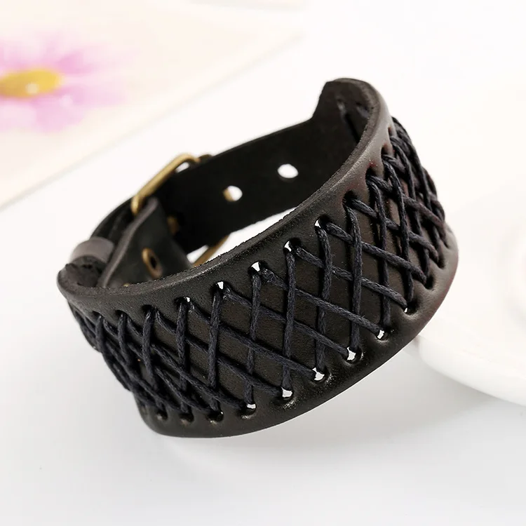 Модный браслет в виде ремня с пряжкой мужские ювелирные изделия Кожаный Плетеный веревочный Плетеный широкий браслет регулируемые пряжки браслет - Окраска металла: black
