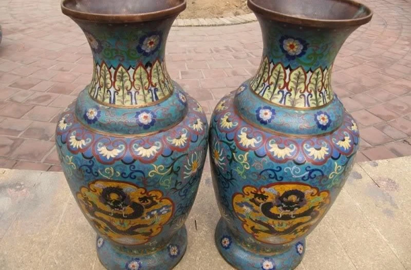 

20 INCH China Regius Palace Old Copper cloisonne Four Dragon Crock Pot Vase Pair