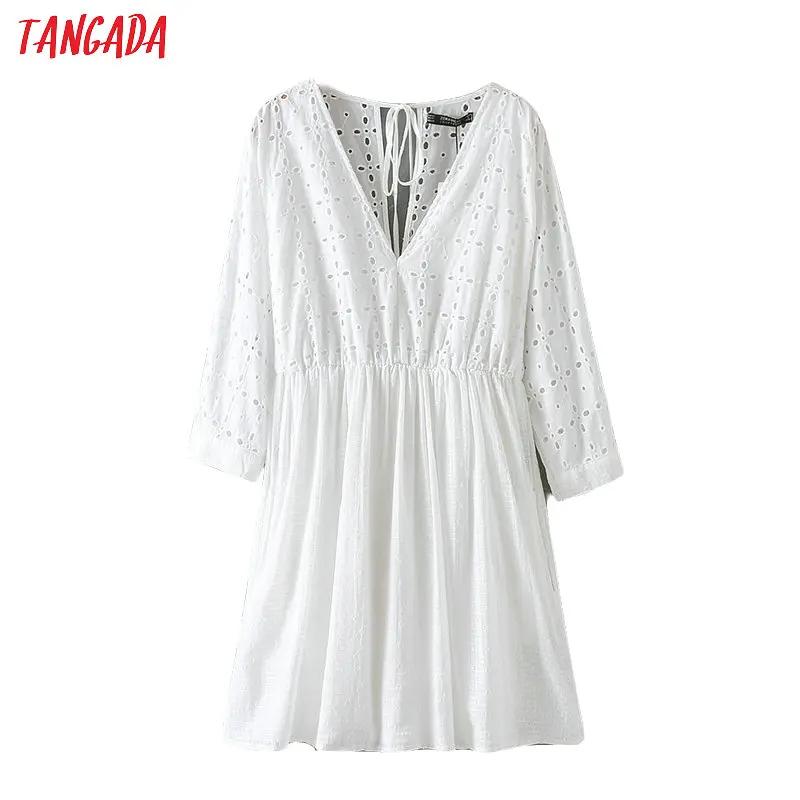 

Tangada women autumn cottons white dress three quarter sleeve v-neck ladies pleated mini dress vestidos FH34
