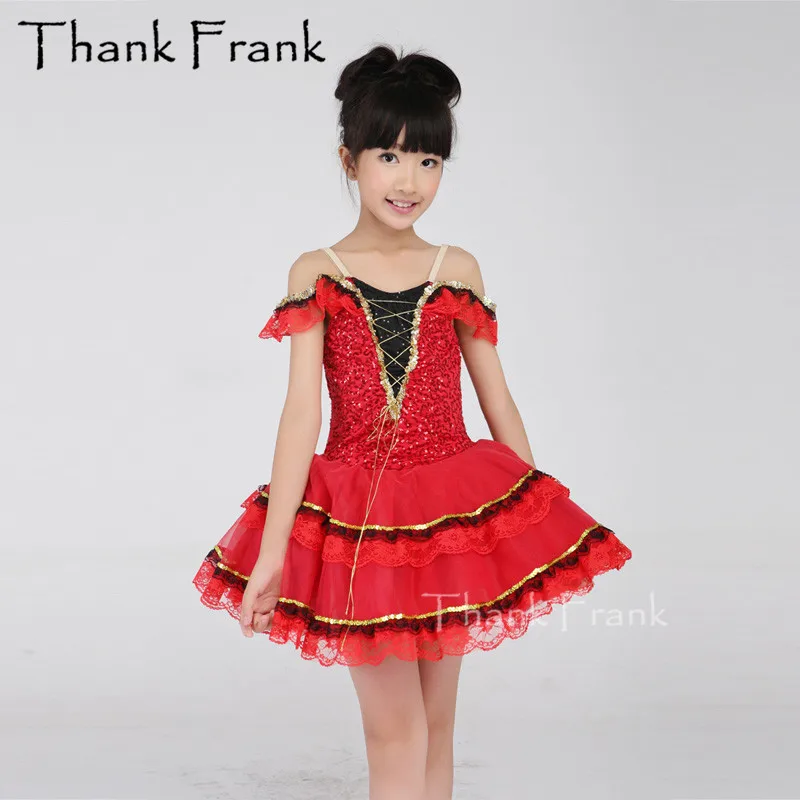 V Neck Sequin Ballet Dance Dress Girls Women Chinese Red Summer