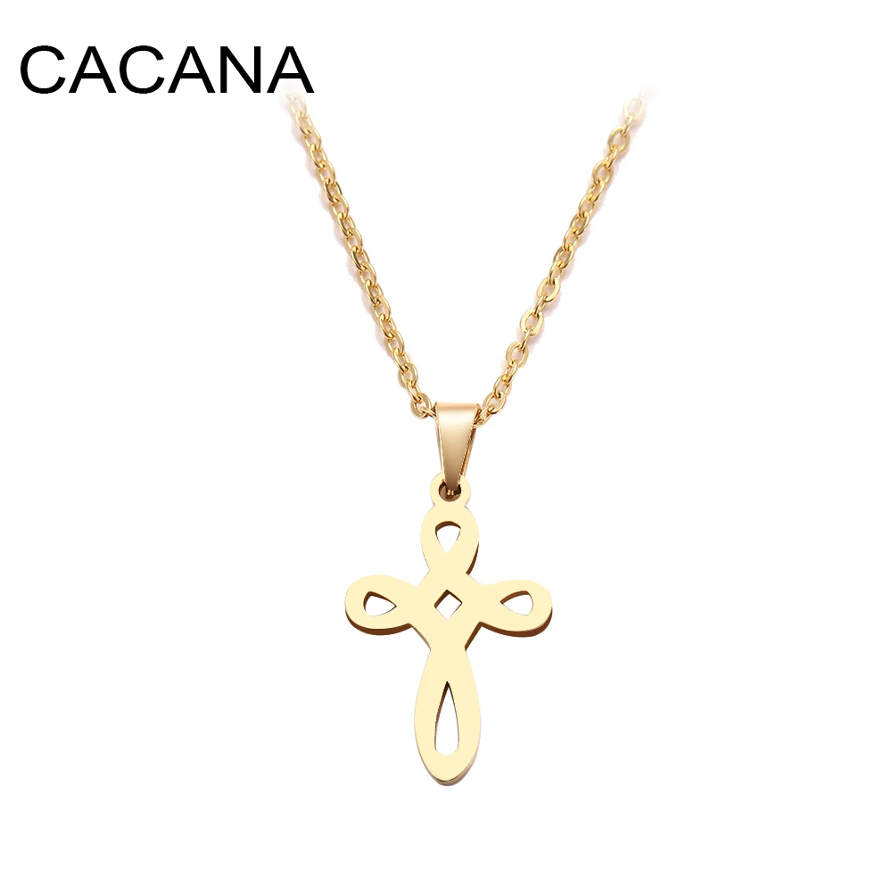 

CACANA Stainless Steel Necklace For Women Man Weave Pattern Cross Gold And Silver Color Pendant Necklace Engagement Jewelry
