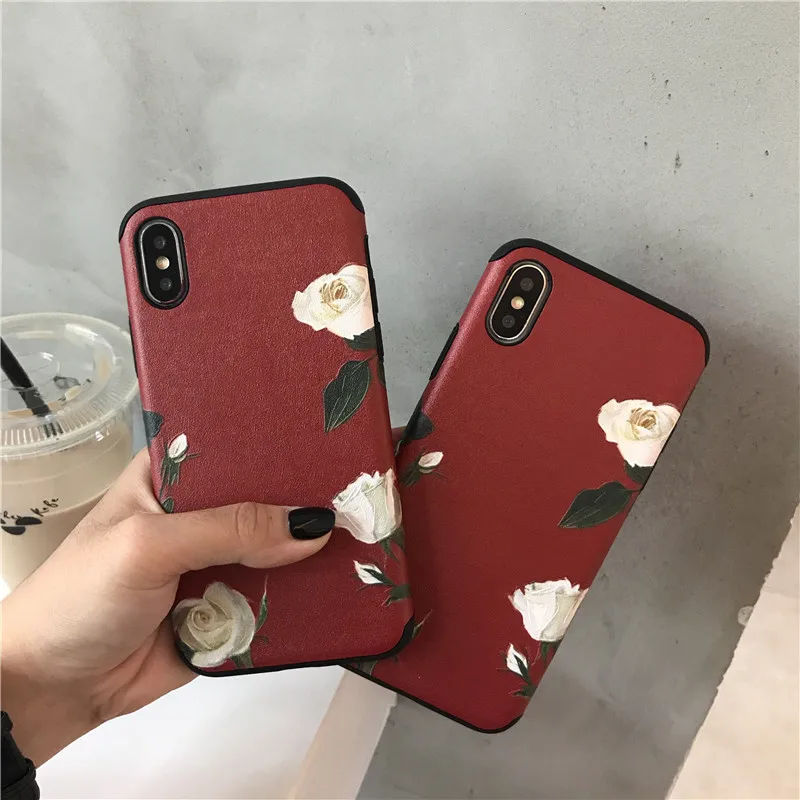 wine red White roses embossment Phone Case Pattern Printed Soft Back Cover Shells For Iphone XS Max XR X 7 6 6S 8 Plus |