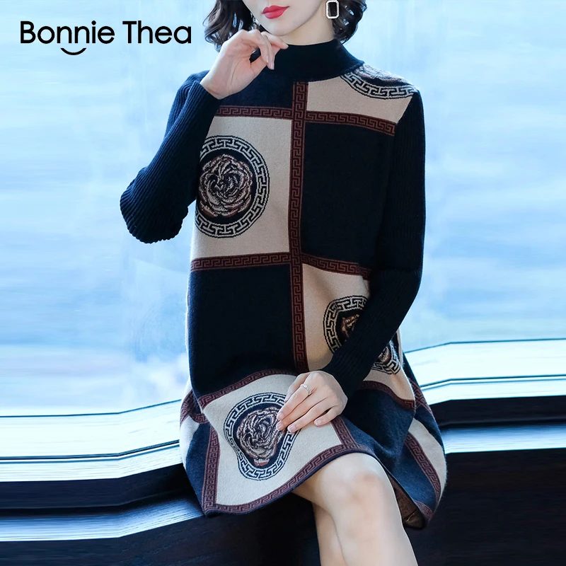 Женское вязаное платье свитер Bonnie Thea черные вечерние платья с высоким воротником