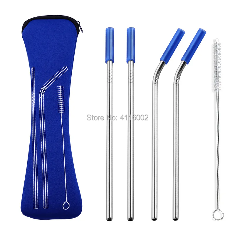 

100 Sets 4pcs/set Reusable Stainless Steel Straws With Silicone Tips With Clean Brush & Cloth Bag Wedding Party Straw