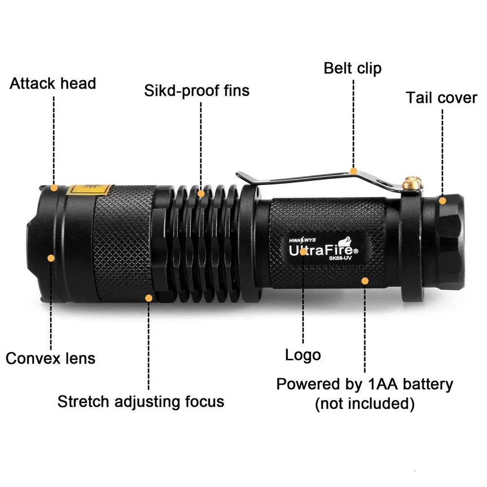 Ультра огненный Светодиодный УФ-светильник, 1 режим, SK68, масштабируемый фонарь luz 14500, светильник-вспышка фиолетового цвета, светильник-вспышка 395nm, светильник