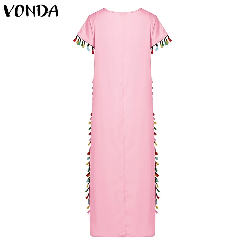 VONDA богемное женское платье с цветочным принтом летнее сексуальное платье с v-образным вырезом и коротким рукавом, вечерние платья с кисточками, длинное винтажное платье размера плюс