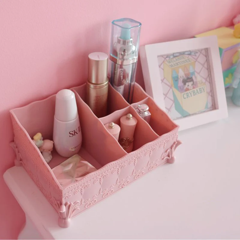 6 Grids Lace Retro Cosmetic Storage Box French Embossed Girl Desktop Makeup Brush Office Articles Basket Sundries Container