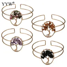 Натуральный камень розовое золото цвет браслет широкие манжеты открытый браслеты овальная подвеска "Древо жизни" браслет для женщин ювелирные изделия