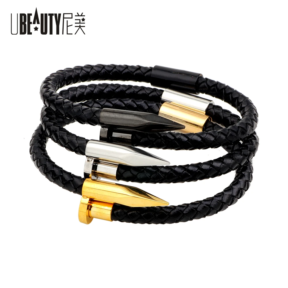 

UBEAUTY New Genuine Leather Nail Bracelet Men Steel Brackelts Bangles Pulseiras Weave Pulseira Masculina For Men Jewelry