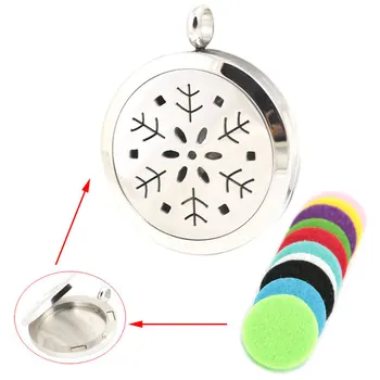 

10pcs 30mm Silver Stainless Steel Snowflake Flower Premium Aromatherapy Essential Diffuser Locket Pendant Necklace With Chain