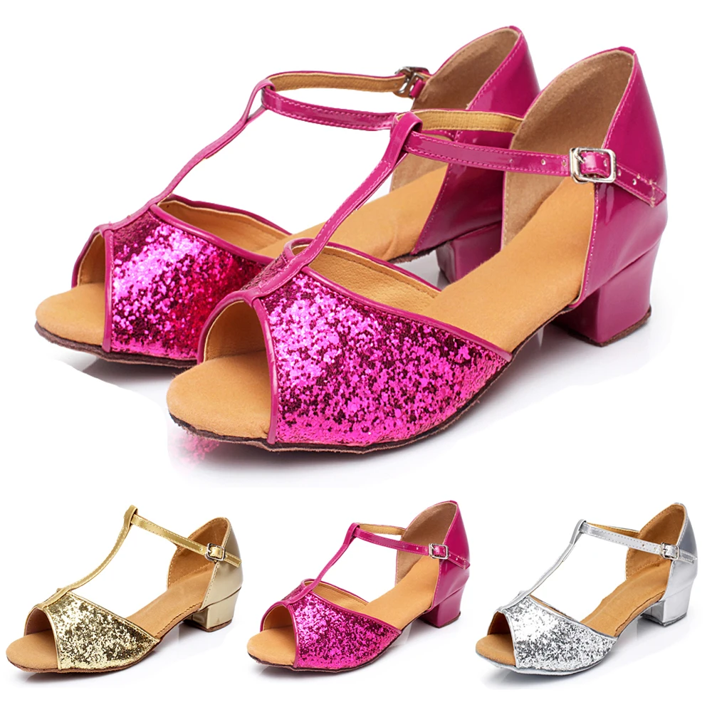 

Children's Latin Shoes Dance Shoes for Kids Rosered Glitter Indoor Ballroom Soft Sole Shoes Tango Shining Dancing Shoes C04