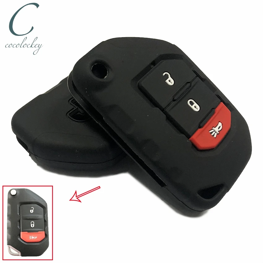 

Cocolockey Silicone Car Key Cover Case Fob Fit for Jeep Wrangler JK Model 2018 2019 3buttons Smart Flip Key Car Styling