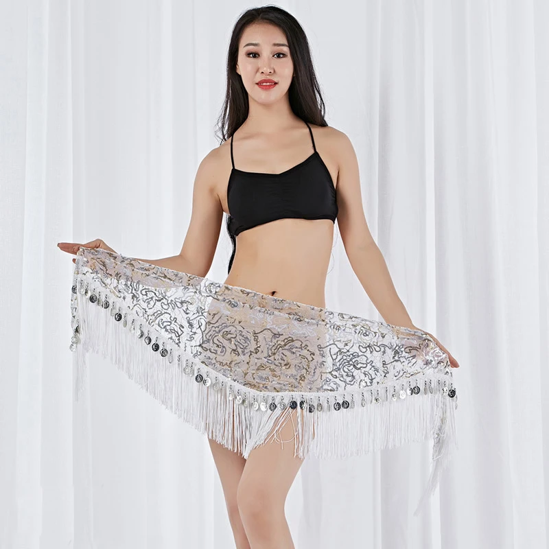 Skup 2019 nowych kobiet ubrania taneczne akcesoria frędzle Mesh cekiny baza trójkąt pas Belly Dance chusta na biodra z monetami (złoto srebro)