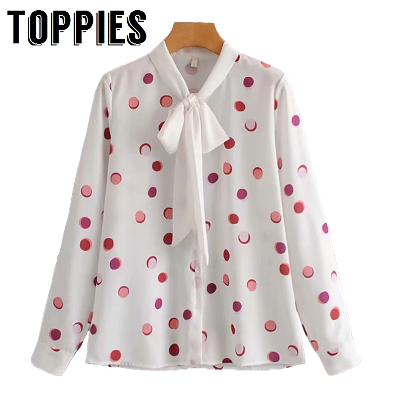 

Korean Polka Dot Chiffon Blouses Office Ladies Long Sleeve Bow Collar Shirt Summer Cute White Shirt 2019 Women Tops