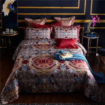 

2018 Bohemia style Bedding Set red Color Egyptian cotton Duvet Cover Sheet Bed Cover Queen King Size Beddines For adults