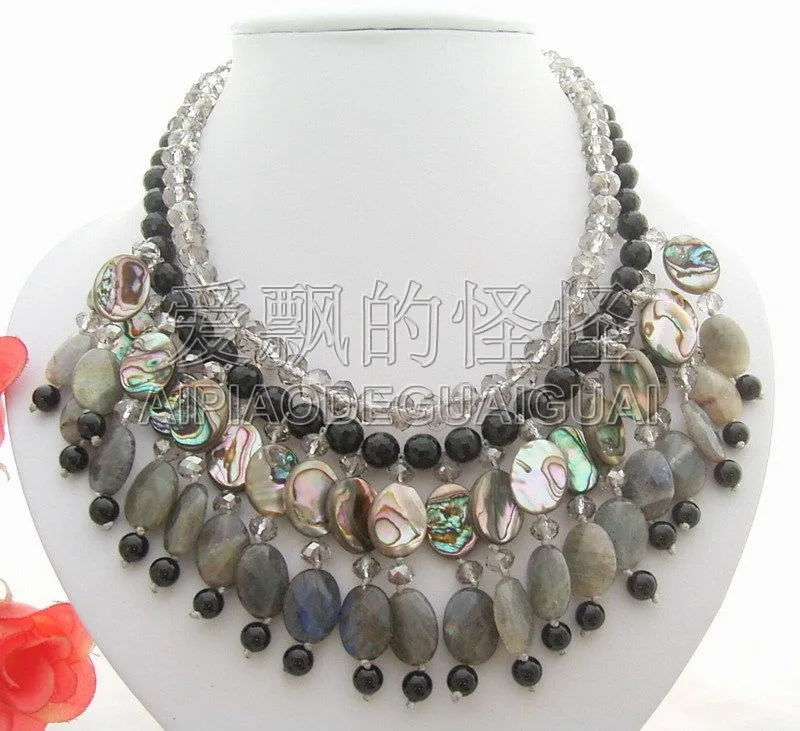 

N102118 17" 2 Rows Labradorite Abalone Shell Necklace