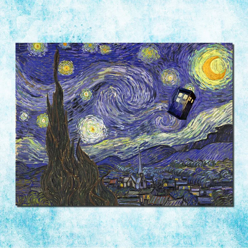 Doctor Who Tardis in Van Gogh Starry Night TV Series Silk Canvas Poster