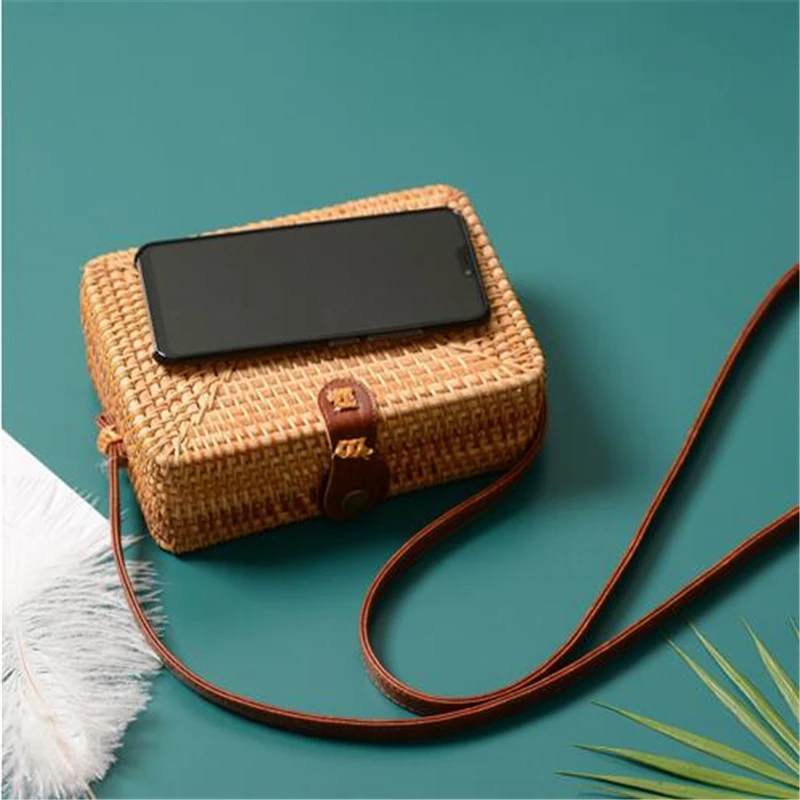Bolsos de ratán de verano de moda para mujer, bolso de paja cuadrado redondo, bolsos de playa tejidos a mano, bolsos de mano círculo bohemio de Bali
