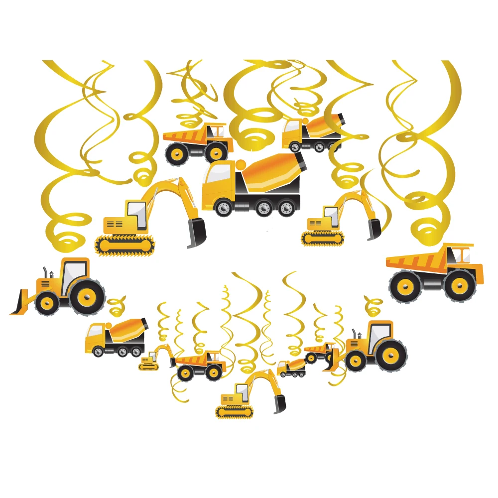 

30pcs Construction Vehicle Ceiling Hanging Swirl Dangling Streamers Garland for Birthday Party Drop Ornaments Home Decor