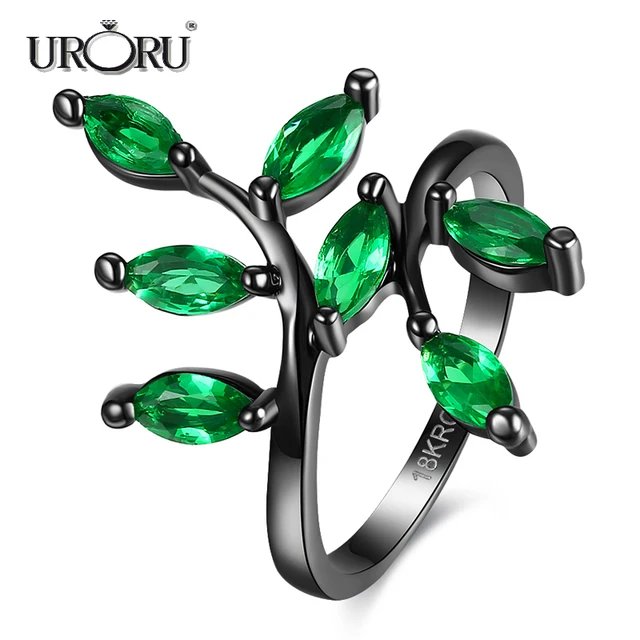 URORU Ring, Tree Shaped Blue & Green Crystal Rings For Women Wedding Vintage Black Gold Filled White AAA Zircon Ring