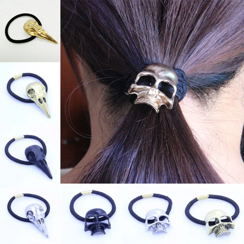 

LNRRABC Fashion Punk Hair Tie Gothic Raven Skull Scrunchie Ponytail Elastic Hair Bands Women Hair Rope Metal Hair Accessories