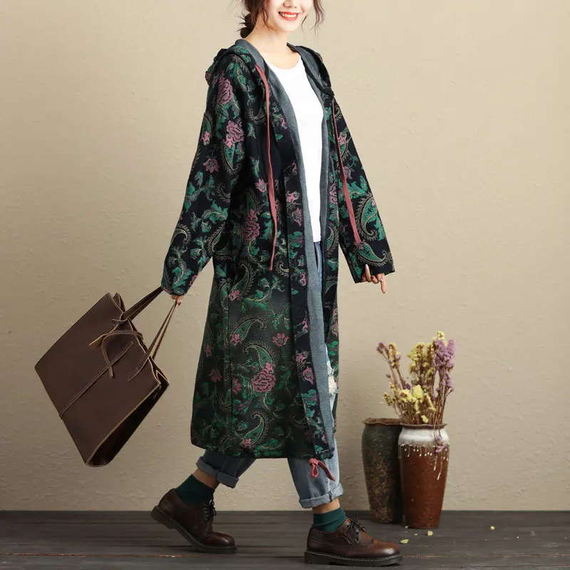 

Women Autumn Spring Printed Hooded Trench Coat Outwear Ladies Plus Size Print Floral Cardigans Overcoat Long Coat Female Retro