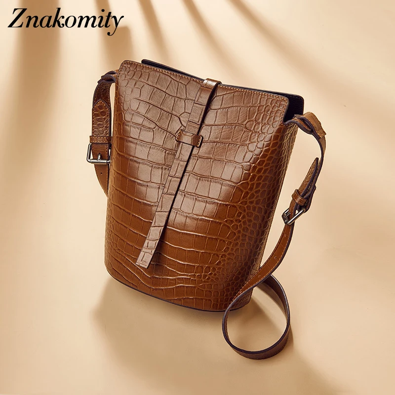 

Znakomity Vintage Bucket Womens Bags Genuine Leather Luxury Designer Shoulder Bags Female Large Alligator Pattern Messenger Bags