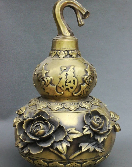 

18 Folk China JiXiang Bronze Carved Fu Flower Gourd Bat Statue Wine Pot Flagon