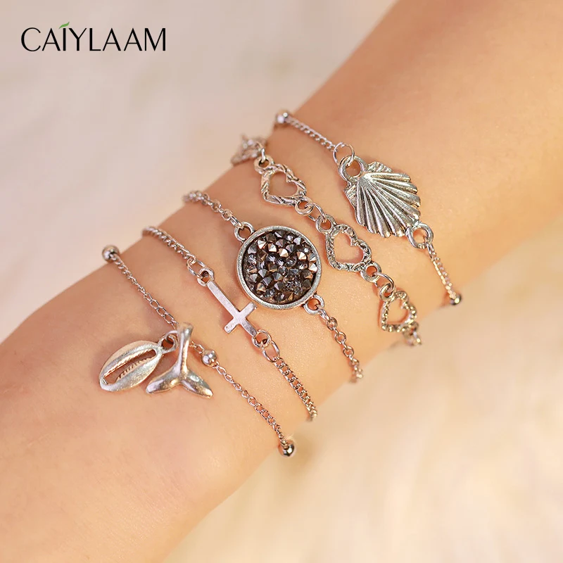 

CAIYLAAM Creative Shell Cross Link Chain Bracelet Set For Women Trendy Hollow Heart Shape Girl Bracelet Beach Style Jewelry