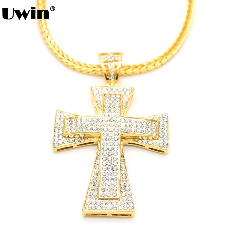 

3 Row Iced Out Rhinestone Cross Pendant Necklace Exaggerated Big Hip Hop Pendants Charm 30'' Fox Chain Rope Chain Rap Necklace