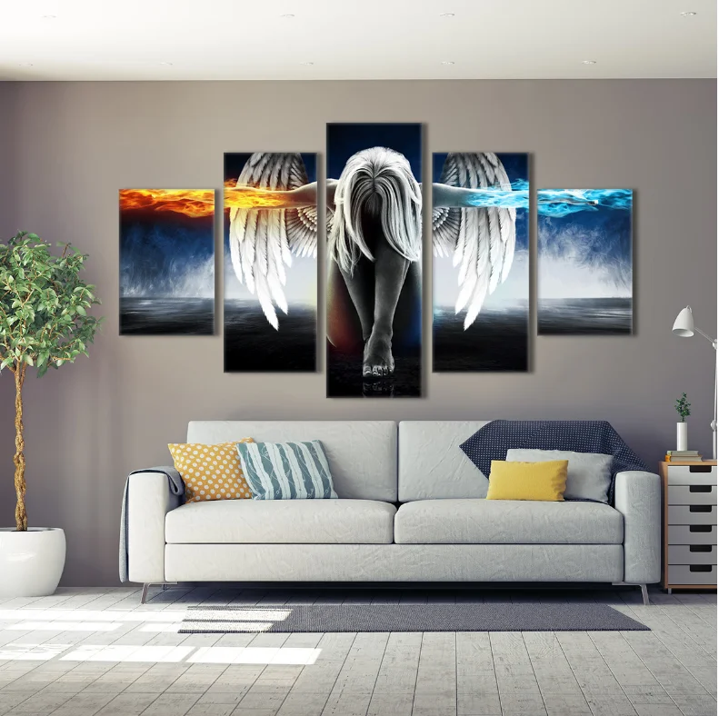 

Modern Canvas Printed Painting Game Poster Wall Art Pictures 5 Panel Home Decor For Living Room Angel Fire & Ice Cuadros Artwork