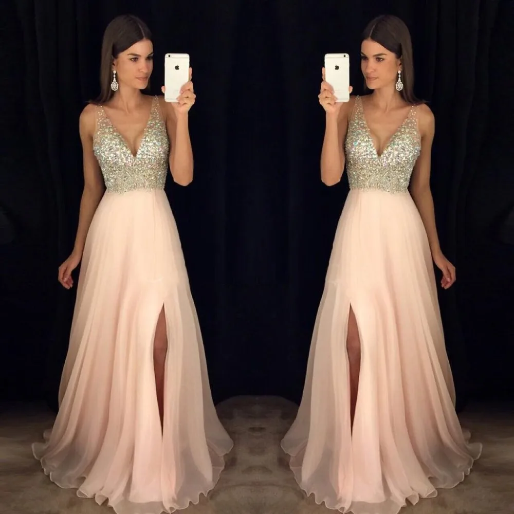 

2019 A-LINE V-NECK FLOOR LENGTH PROM EVENING DRESS PINK TULLE SPLIT FORMAL DRESS EVENING GOWNS FLOOR LENGTH FOR WEDDING PARTY