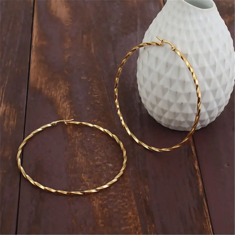 Модные серьги-кольца из нержавеющей стали золотое круговое кольцо модный подарок для ювелирных изделий 78x73 мм, размер стойки/проволоки:(21 калибр), 1 пара