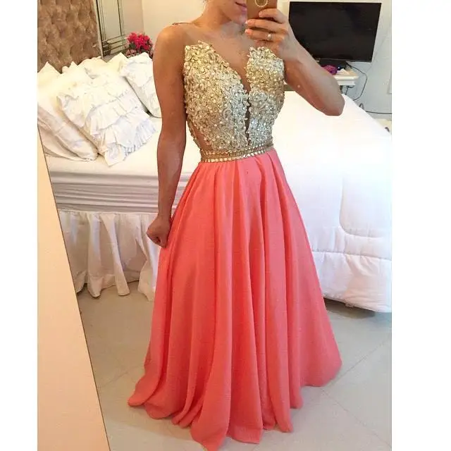 

Custom Made 2016 long chffon Coral evening dress beaded vestido de festa lace transparent sexy dresses women BO7990