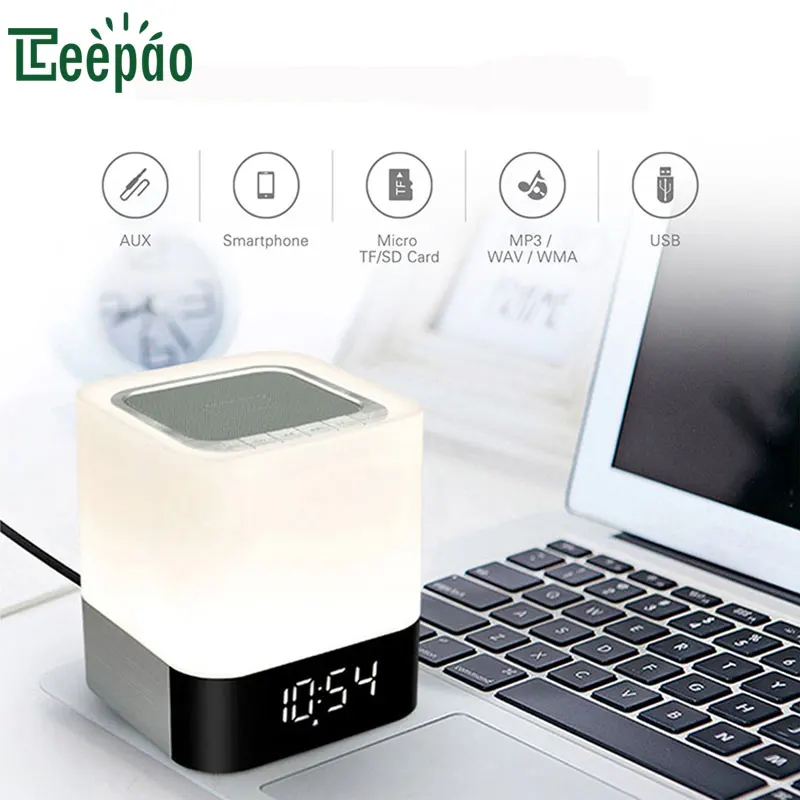 

Mini Wireless Bluetooth Speaker Night Lights Color Changing LED Touch sensor Night Lamp with Alarm Clock USB Music Player Lamps