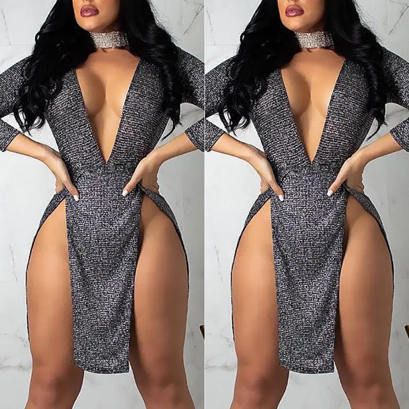 

2019 Sexy Women Sequined Deep V Neck Club Mini Dress Spring Summer Long Sleeve High Split Dress Cocktail Party Short Dresses