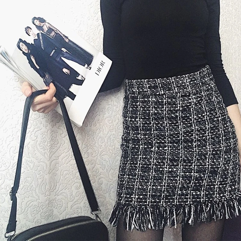 MueyaRuho, зимние женские мини юбки, Женская Серия, высокая талия, осенняя Повседневная винтажная клетчатая короткая юбка-карандаш с кисточками для женщин