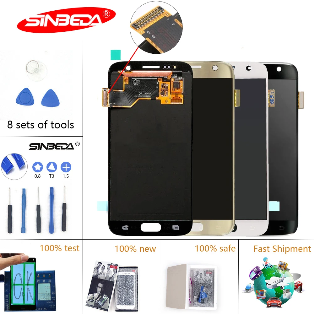 

5.1"Sinbeda Super AMOLED For SAMSUNG GALAXY S7 G930A G930F SM-G930F LCD Display Touch Screen Digitizer with Frame For S7 Screen