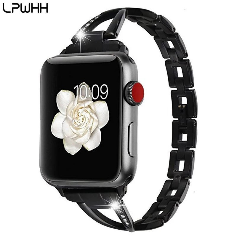 

LPWHH Metal Stainless Steel Watchband For Apple Watch Band 38mm 40mm 44mm 42mm Holes Rainstone 22mm Watchbands Accessories Strap