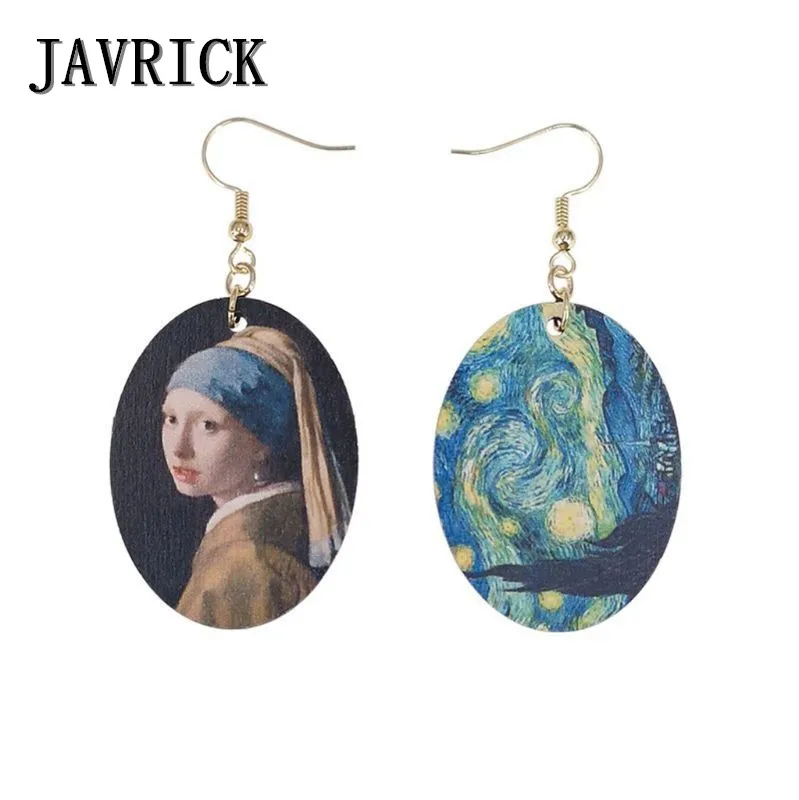 

JAVRICK Johannes Vermeer Oil Painting Art Girls Natural Wood Earrings Fashion Jewelry