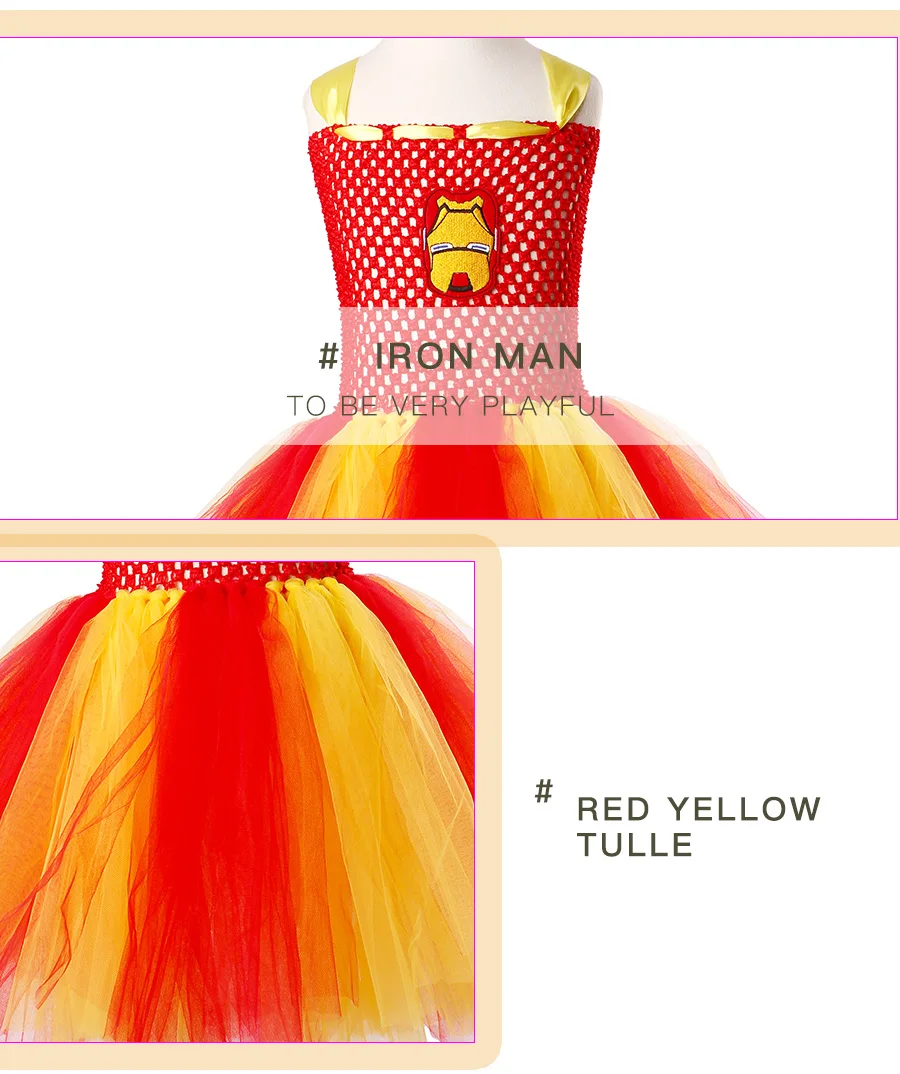 Red & Yellow Girls Baby Iron Man Tutu Dress Handmade Kids Superhero Tulle Dress Halloween Birthday Party Prom Costume (3)