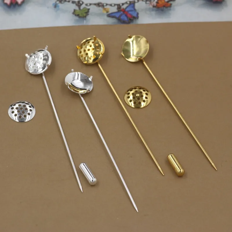 Buy 12mm Round Brooch Base Silver/Gold Color Long