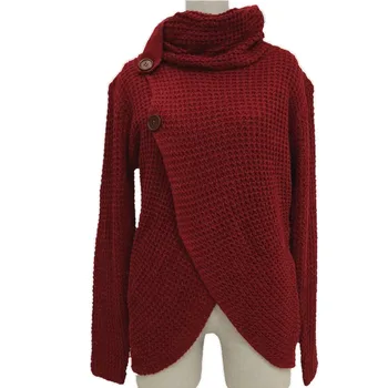 

New Women's Solid Color Fashion Turtleneck ol Thick Sweater Irregular Button Cross