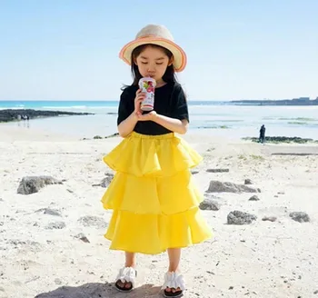 

New Arrival Girls Fashion Set Black Tops and Yellow Cake Skirt 2 Pcs Clothing Suit for Kids Girl Summer Outfit