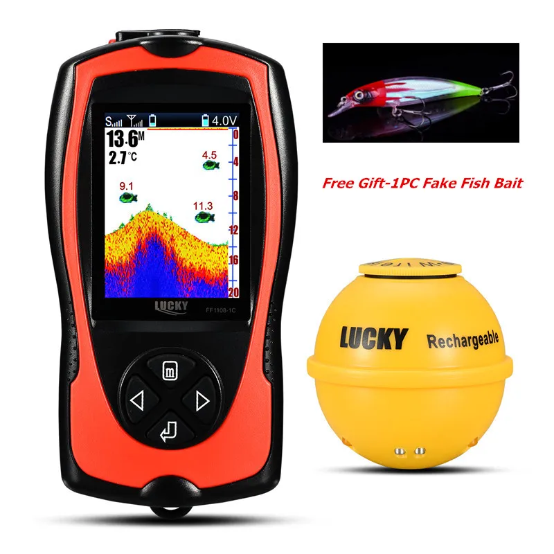 

LUCKY Rechargeable Wireless Fish Finder FF1108-1CWLA 90 degrees Sonar Sensor 45M water depth Fish Finder