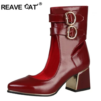 

REAVE CAT Ankle style Shoes woman Middle heel Pointed toe Buckle Ladies shoes Spring summer Black White Red Big size 31-48 A1914