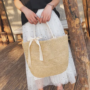 

JHD-Bohemian Summer Straw Bag Women Large Capacity Ladies Beach Bag Vacation Woven Bag For Female Casual Tote Bags Beige