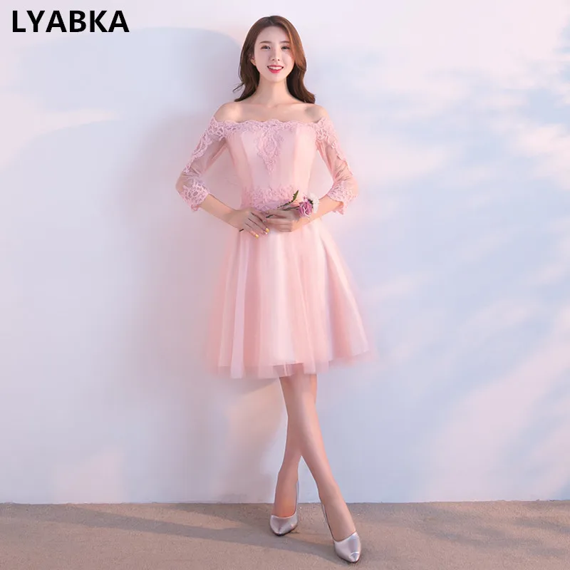 Prom Dresses Custom Made Sexy Boat Neck Tulle With Appliques Three Quarter A-line Dress Short 2017 New | Свадьбы и торжества